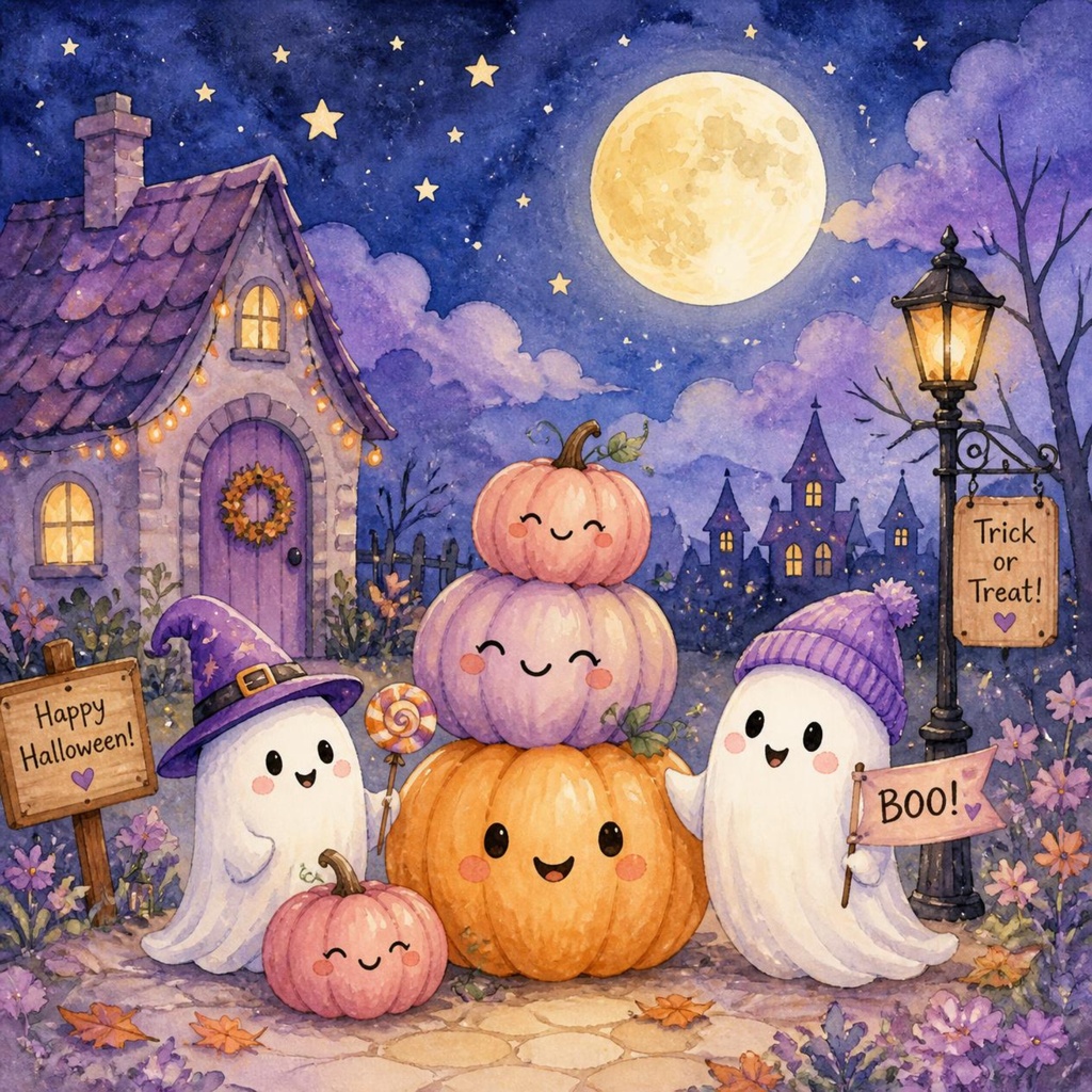 デジタルペーパー ハロウィンナイト 水彩タッチ 4柄5枚セット