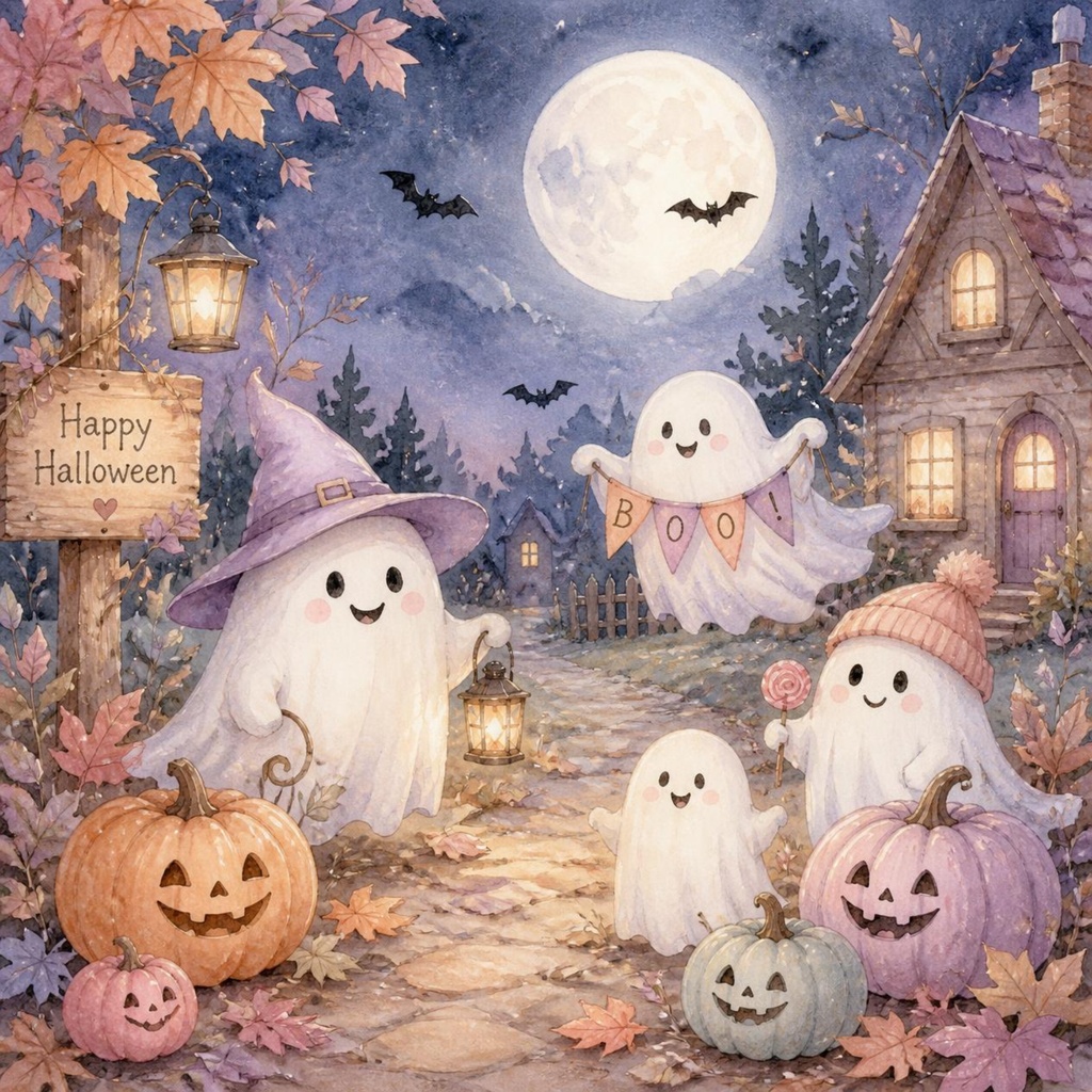デジタルペーパー ハロウィンナイト 水彩タッチ 4柄5枚セット