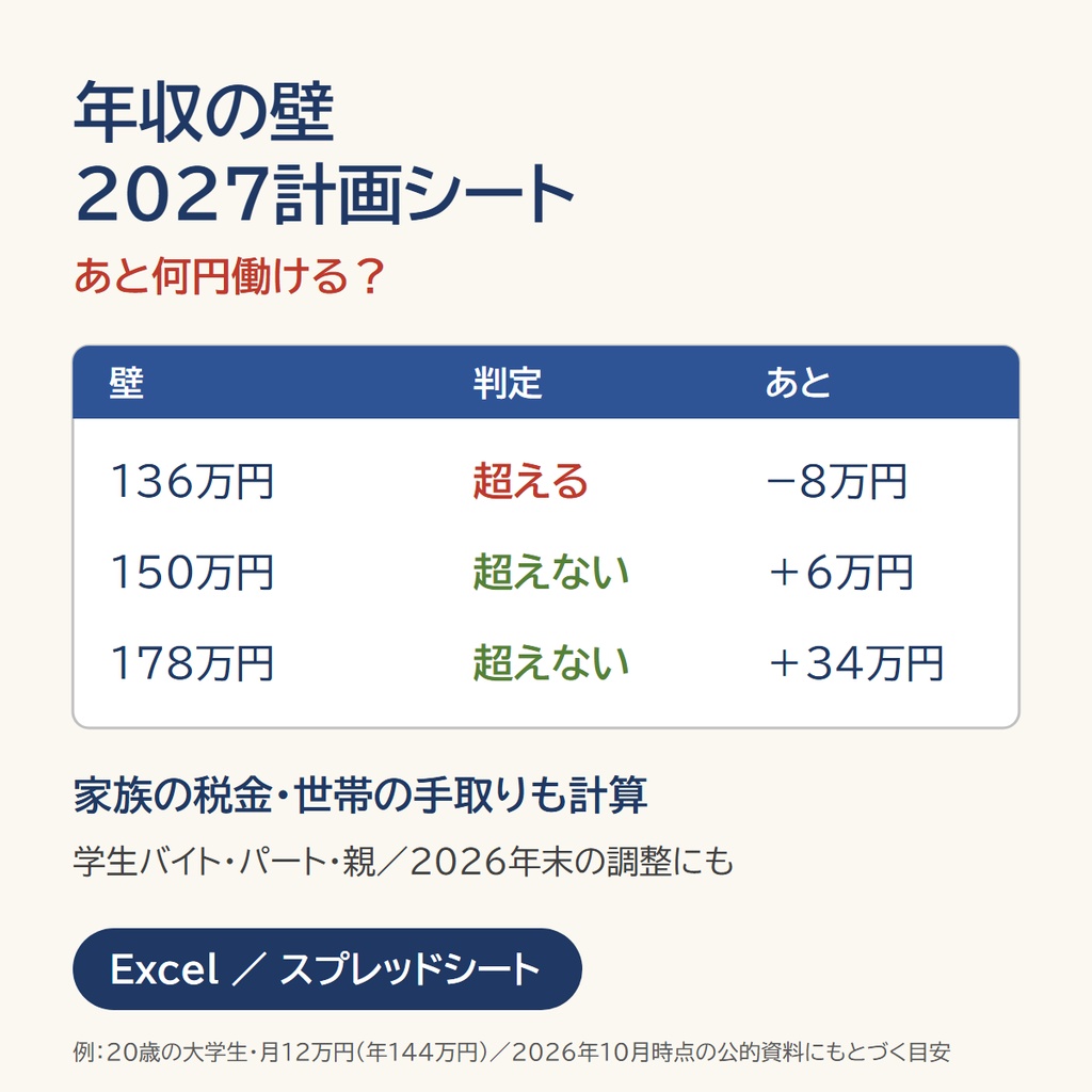 年収の壁 2027計画シート｜178万・136万・150万・週20時間【Excel/スプレッドシート】