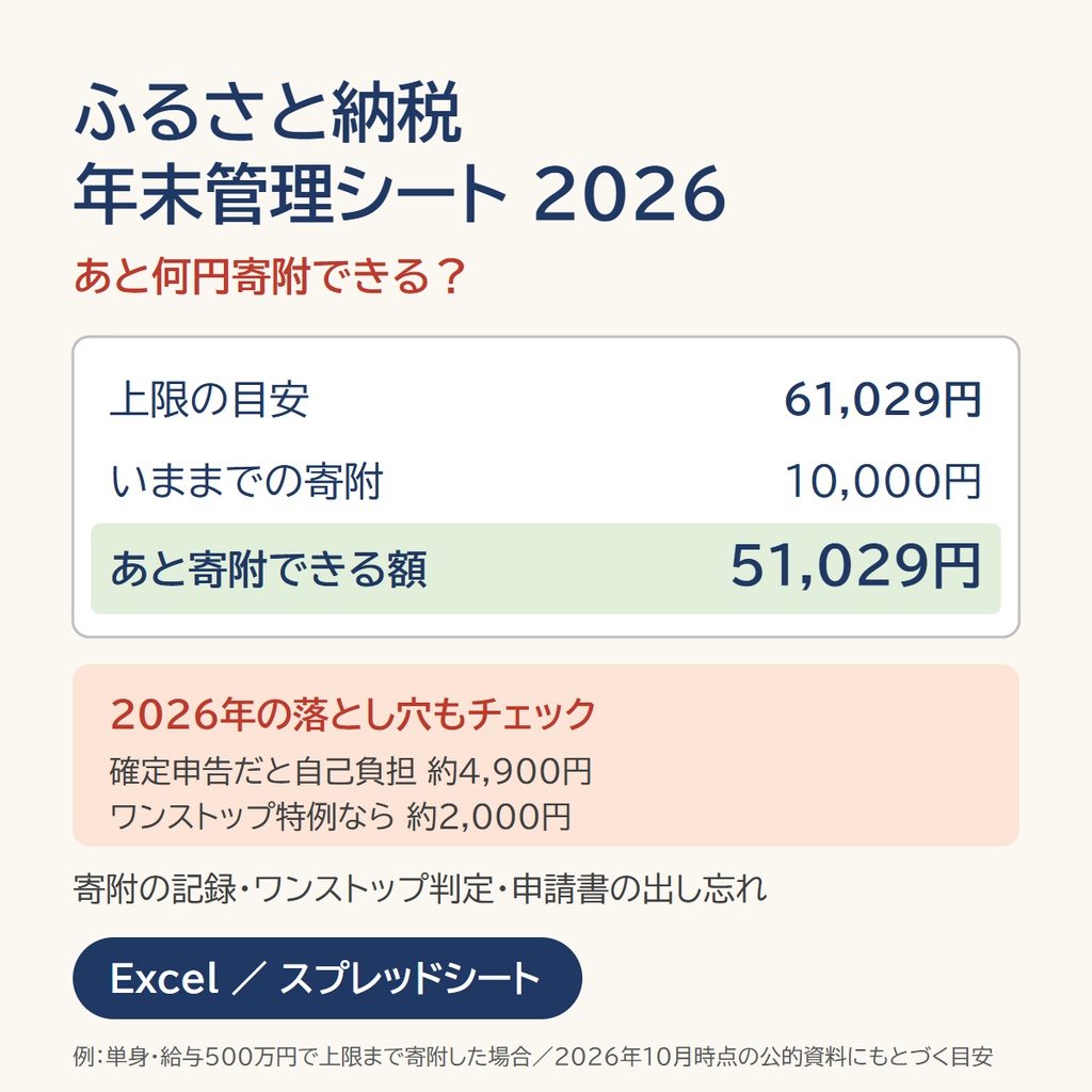 ふるさと納税 年末管理シート 2026｜上限・あと何円・ワンストップ判定【Excel/スプレッドシート】