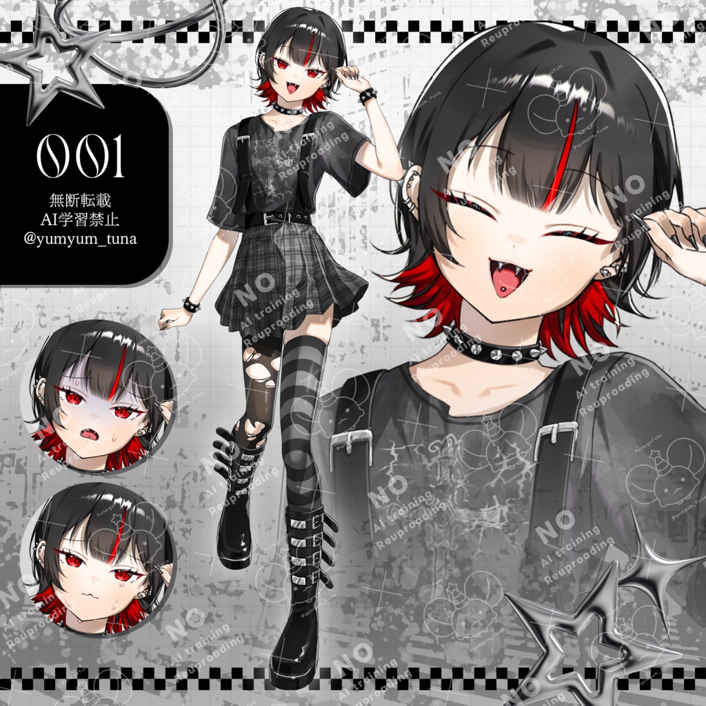 【立ち絵素材001】パンクファッションな女の子_全身_表情差分6種_PSD