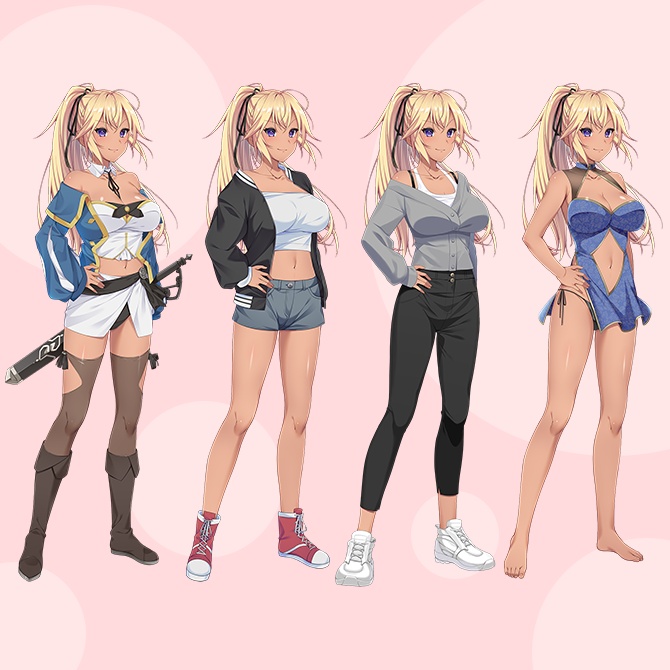 【立ち絵素材】金髪ポニテ褐色肌の少女剣士 フルセットPSDパック
