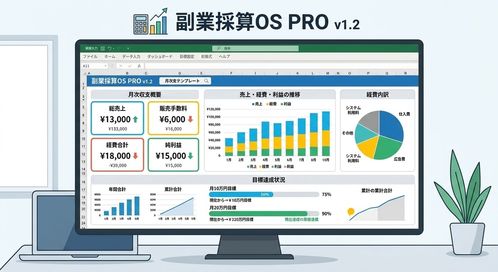 副業採算OS PRO v1.2｜売上・手数料・経費・利益・実質時給を一括管理【Excel】