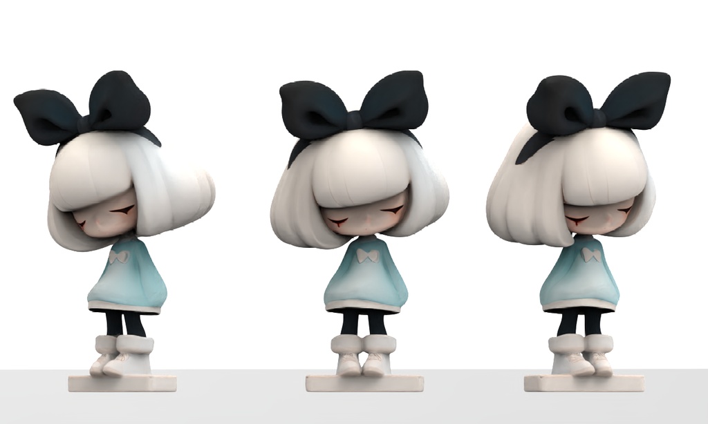 3D プリント用 STL データ 大きなリボンの少女 Q 版キャラクターフィギュア