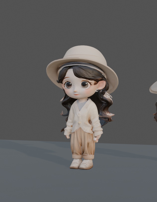 3D プリント用 STL データ つば広ハットのカジュアル少女 Q 版キャラフィギュア