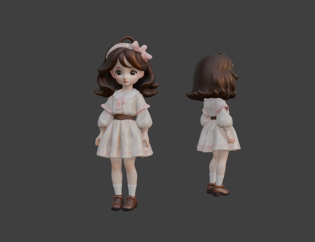 3D プリント用 STL データ ピンクリボンワンピース少女 Q 版キャラフィギュア
