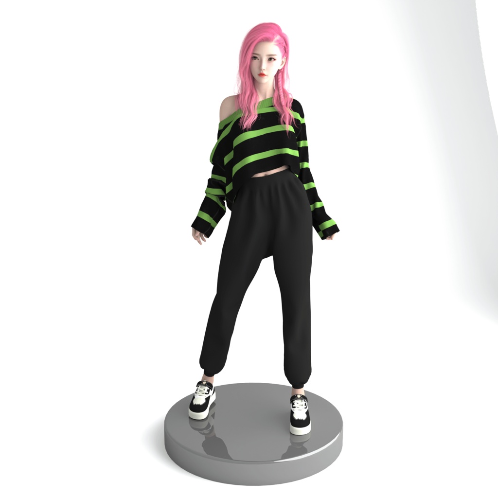 3D プリント用 STL データ ピンク髪 ストリート系少女 オフショルダートップス 女性フィギュア