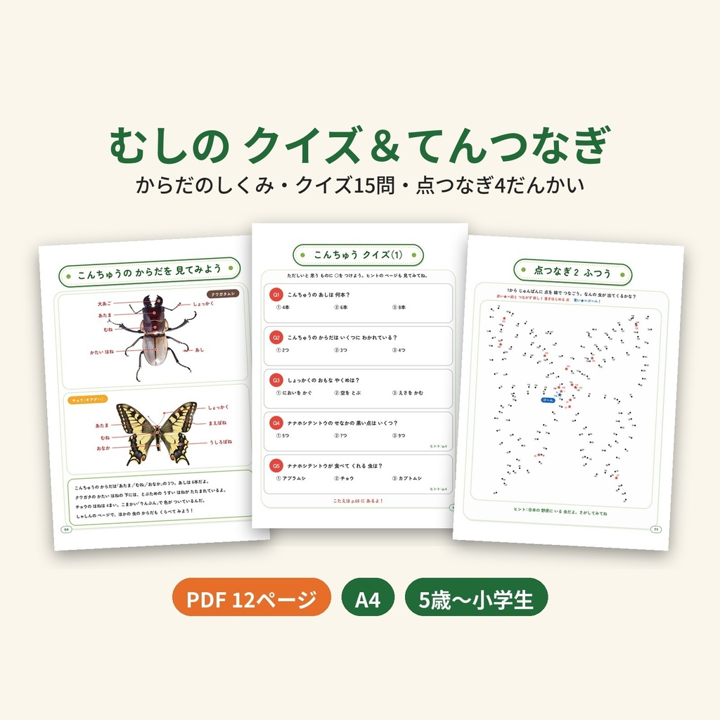 【PDF・A4】むしの クイズ&てんつなぎ|こんちゅうのからだ・クイズ15問・点つなぎ4だんかい