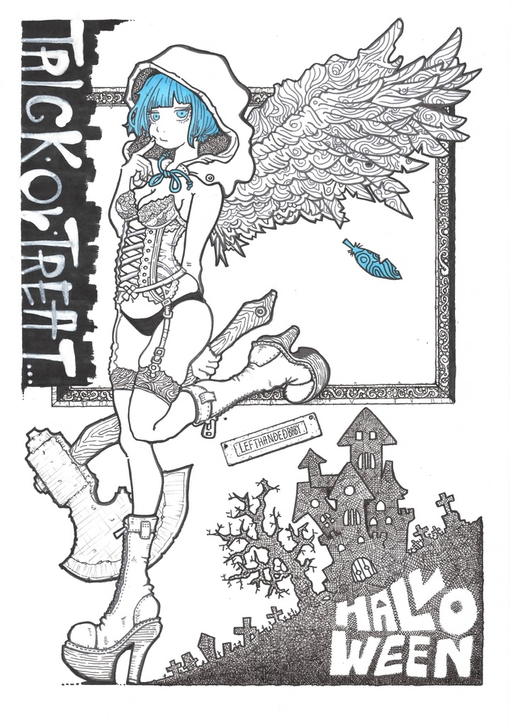 オリジナルイラスト　左利きの悪魔っ娘（線画複製改）　A4サイズ