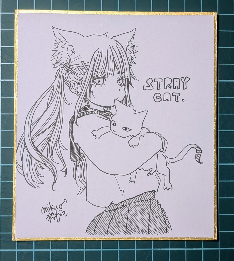 ミニ色紙　STRAY CAT　白猫　同デザインポストカード付き
