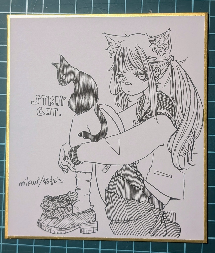 ミニ色紙　STORAY CAT 黒猫　同デザインポストカードセット