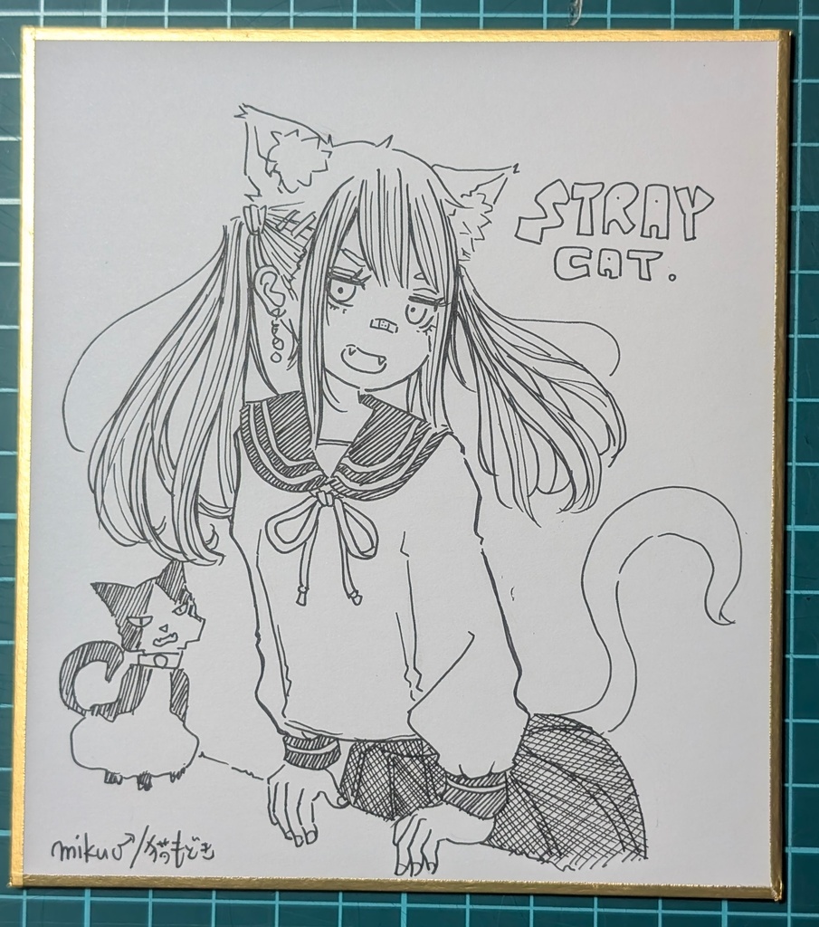 ミニ色紙　STORAY CAT ブチ猫　同デザインポストカード付き