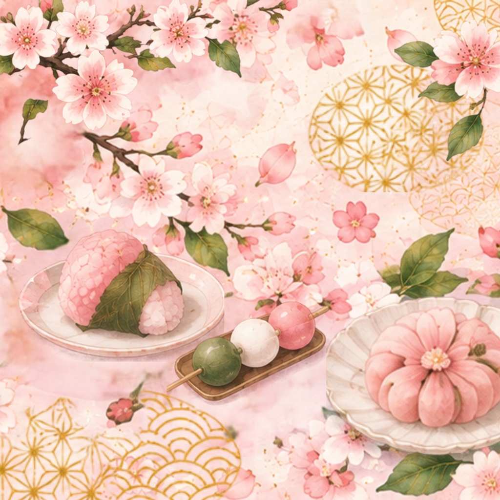 桜と抹茶の和菓子四景色デジタルペーパーセット