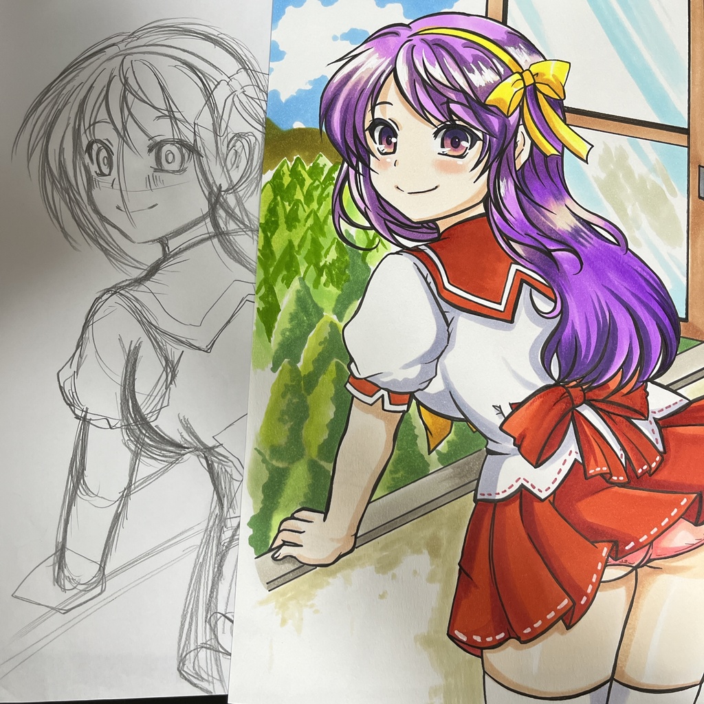 手描きオリジナルイラスト　赤セーラー服