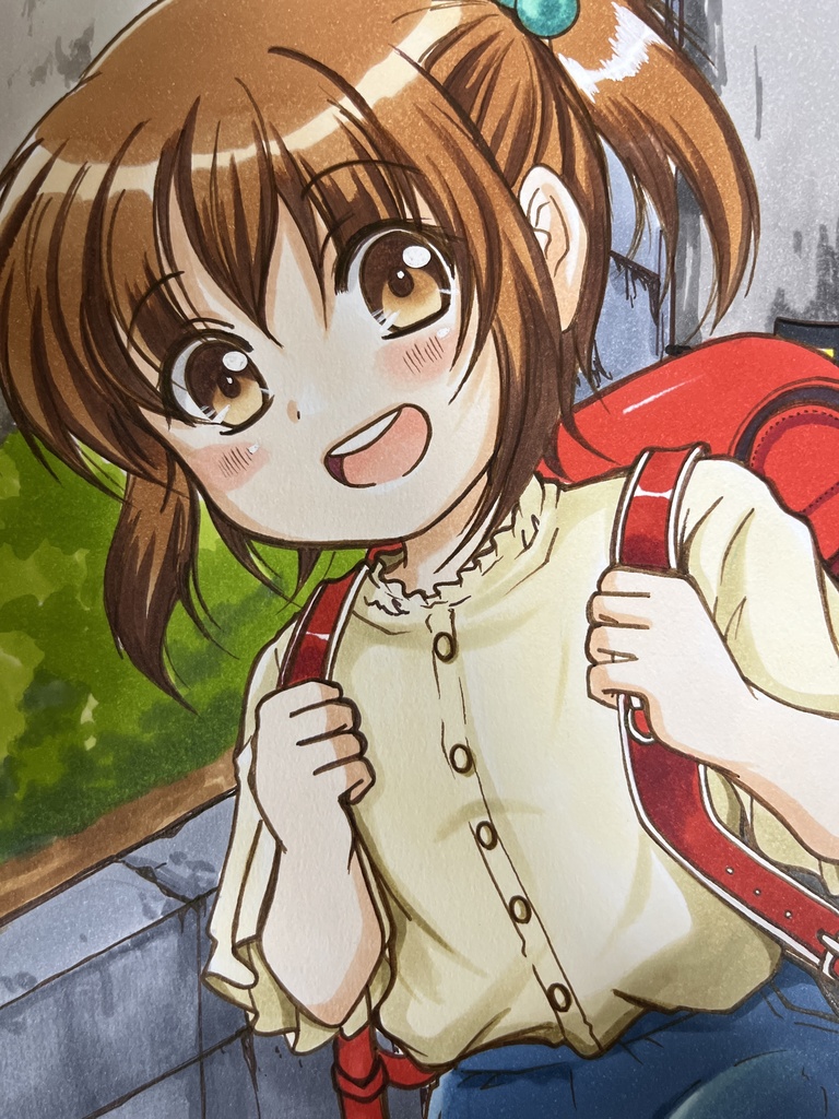 手描きオリジナルイラスト　通学路少女