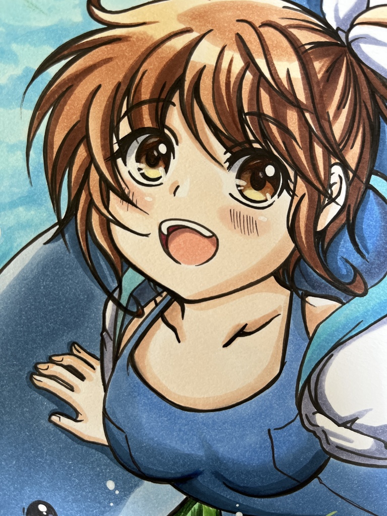オリジナル手描きイラスト　イルカと泳ごう！