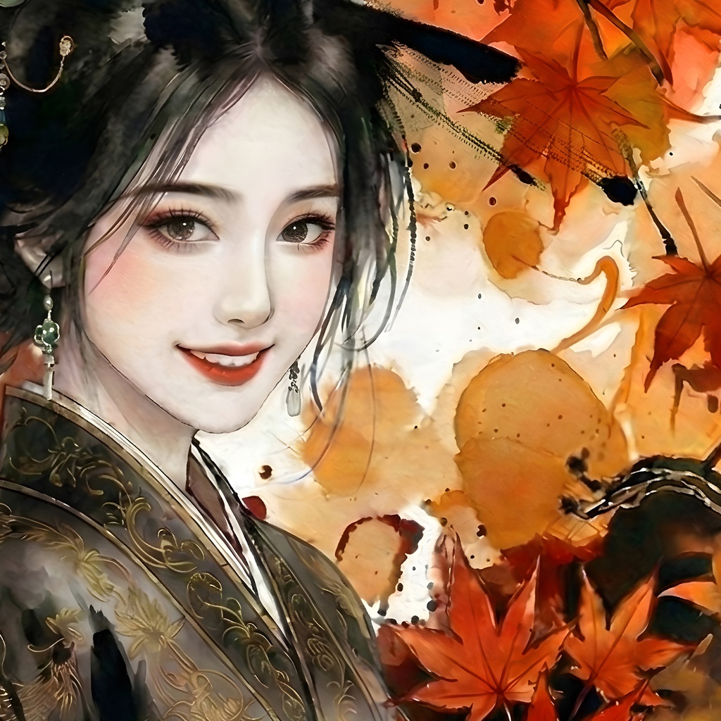 【SV_CH006】小喬 (Xiao Qiao) - 紅葉と黒金の極致水墨画 (商用利用可)