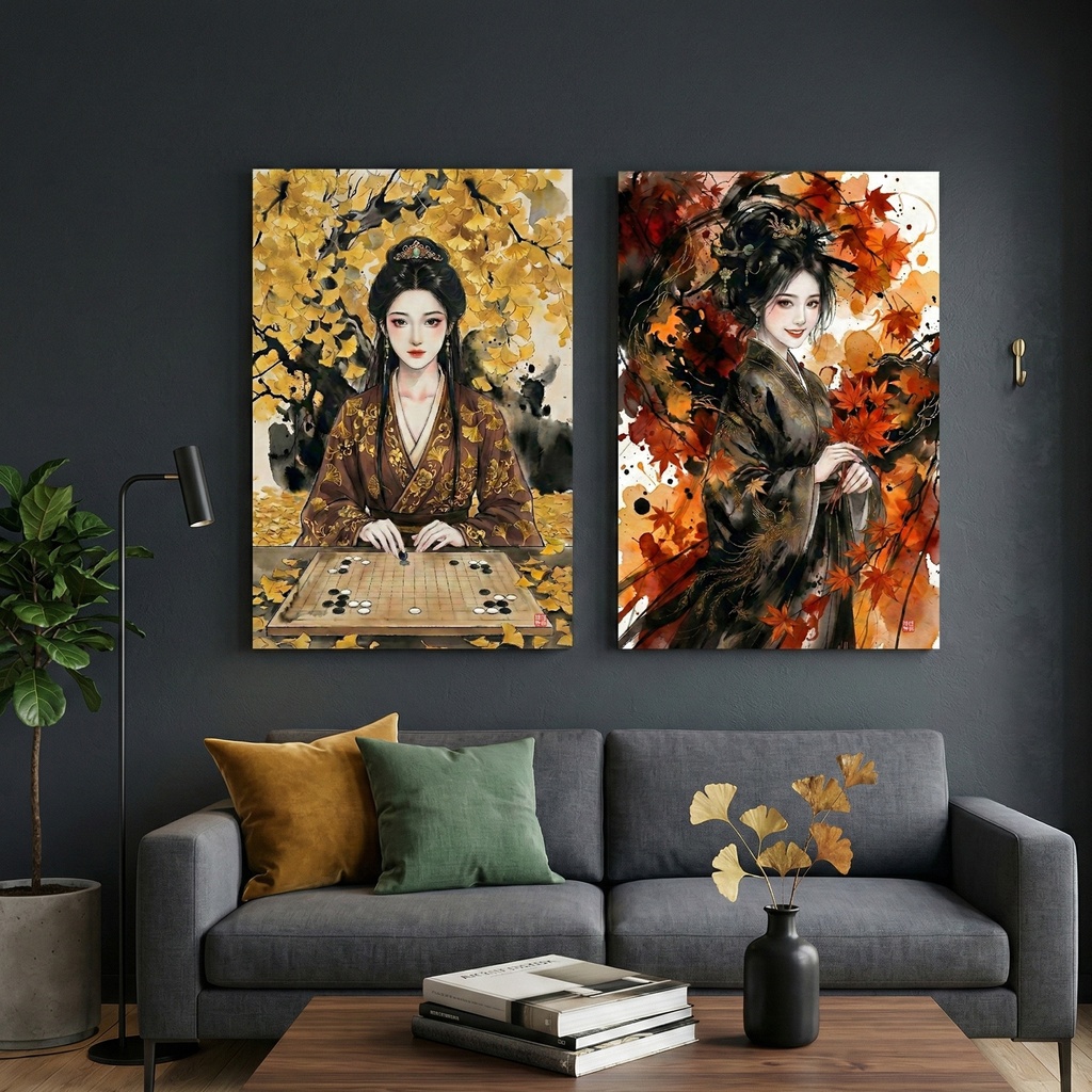 【SV_CH007】【三国志】江東二喬 秋葉水墨雙連畫セット(大喬・小喬)商用可 高解像度デジタル