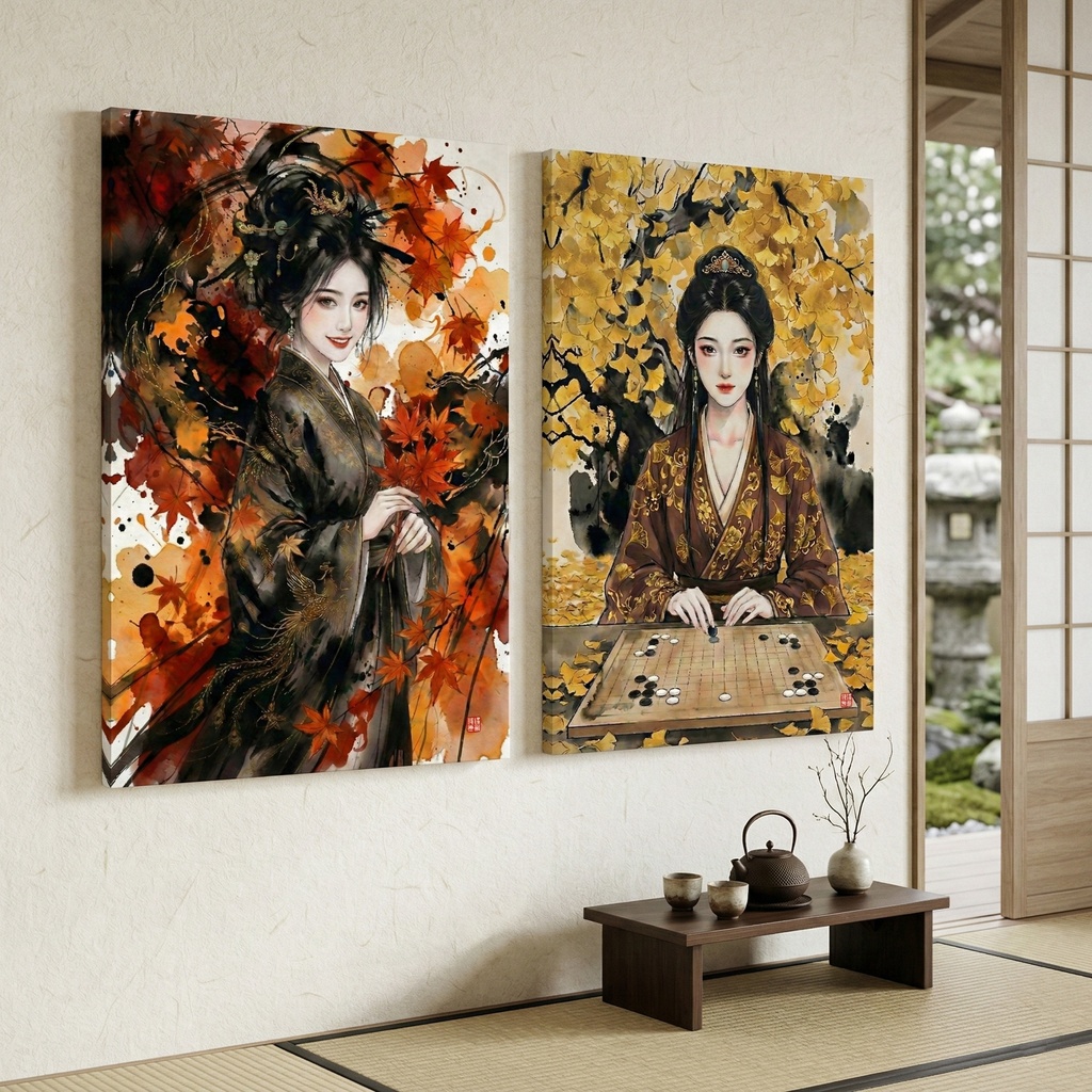 【SV_CH007】【三国志】江東二喬 秋葉水墨雙連畫セット(大喬・小喬)商用可 高解像度デジタル