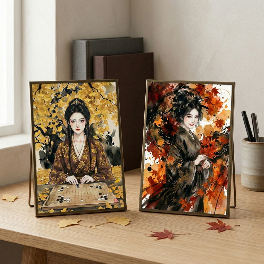 【SV_CH007】【三国志】江東二喬 秋葉水墨雙連畫セット(大喬・小喬)商用可 高解像度デジタル