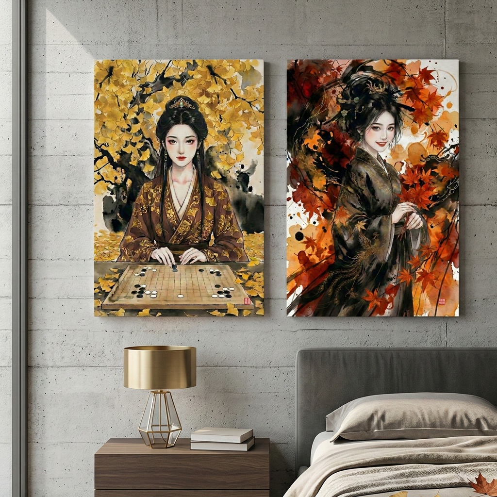 【SV_CH007】【三国志】江東二喬 秋葉水墨雙連畫セット(大喬・小喬)商用可 高解像度デジタル