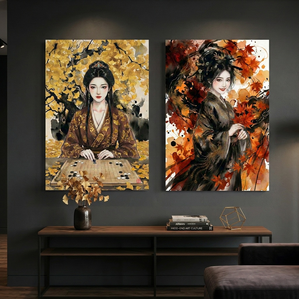 【SV_CH007】【三国志】江東二喬 秋葉水墨雙連畫セット(大喬・小喬)商用可 高解像度デジタル