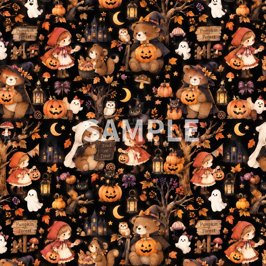 おとぎの森のハロウィン|童話モチーフの水彩デジタルペーパー 8柄セット|おとぎ話・ハロウィン素材