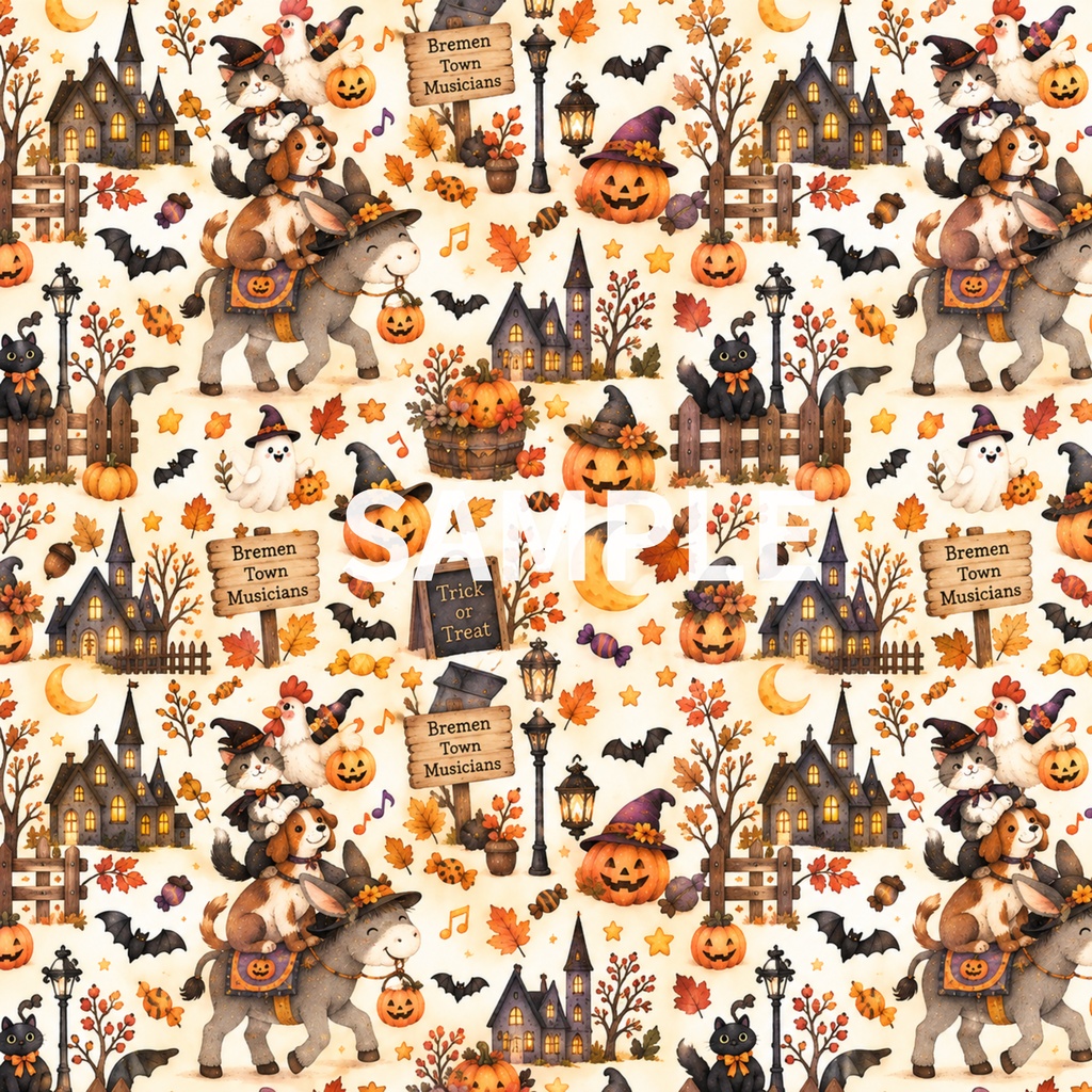 おとぎの森のハロウィン|童話モチーフの水彩デジタルペーパー 8柄セット|おとぎ話・ハロウィン素材