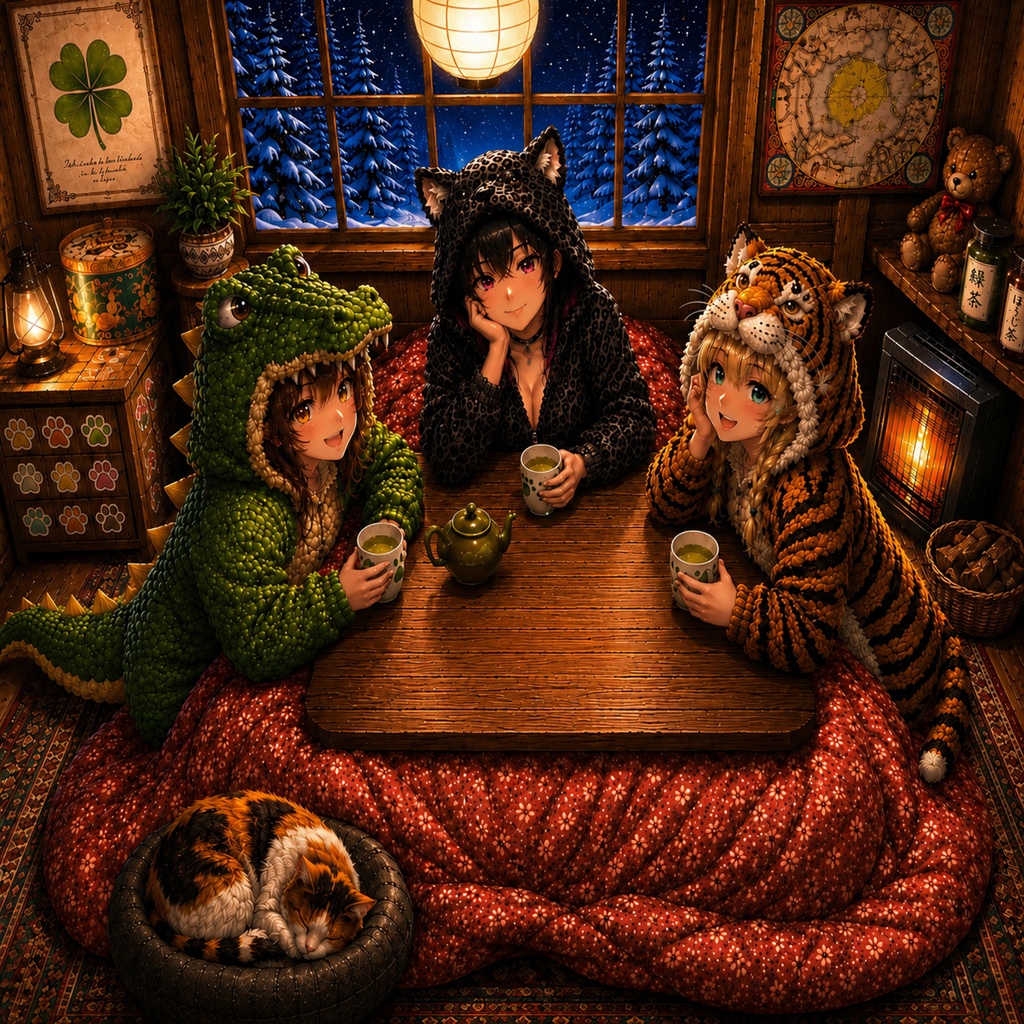 【無料版】パジャマこたつシリーズ 雪の夜のぬくもり スマホ壁紙＆イラストセット
