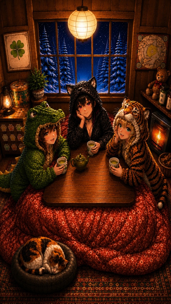 【無料版】パジャマこたつシリーズ 雪の夜のぬくもり スマホ壁紙&イラストセット