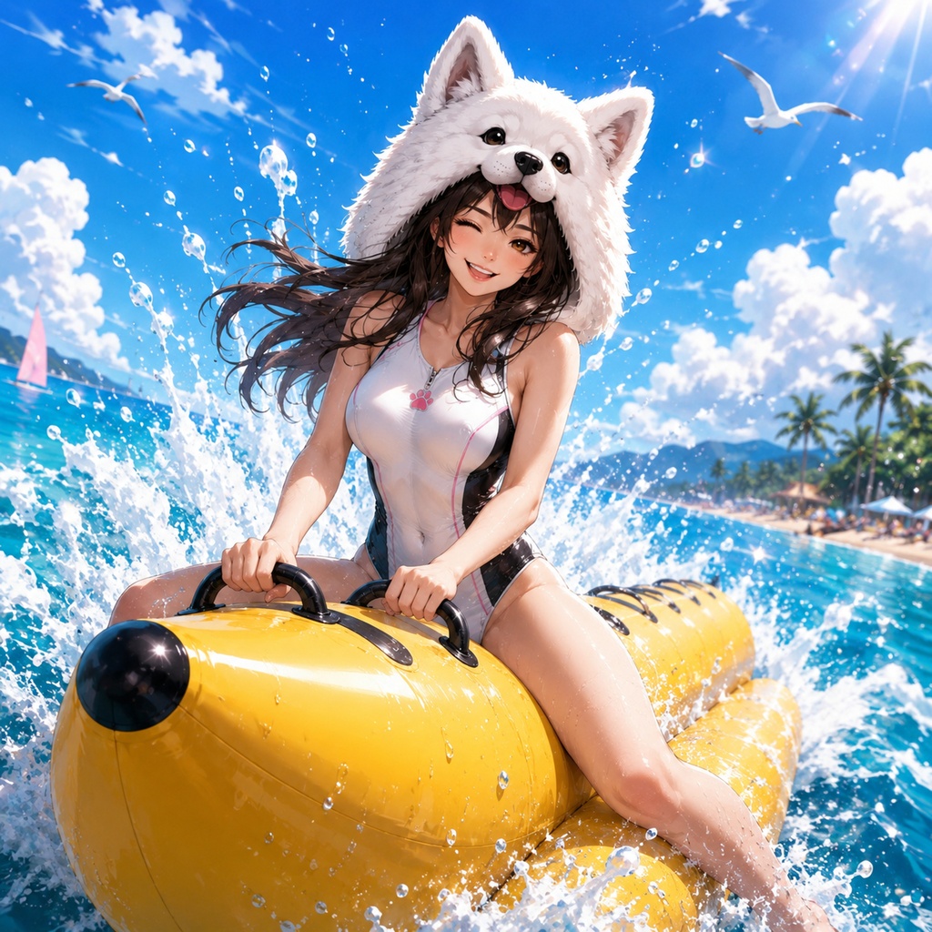 サモエドガールと真夏のバナナボート 壁紙＆イラストセット【後ろ姿おまけ・ミニメモ付き】