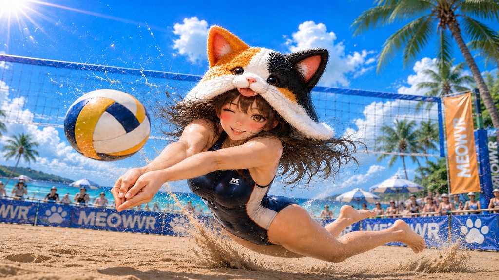 三毛猫ガールと真夏のビーチバレー 壁紙&イラストセット