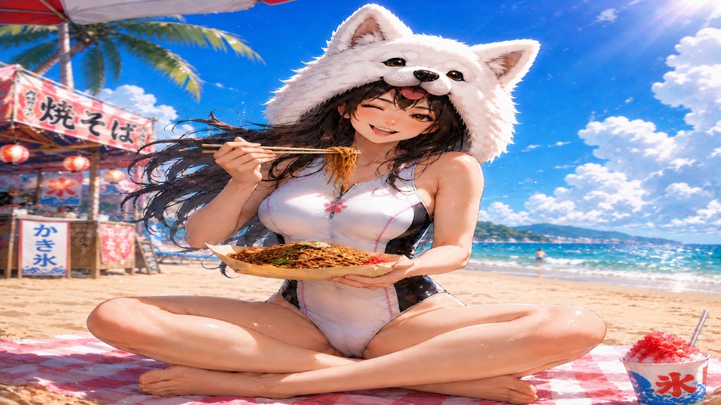 サモエドガールと砂浜の夏休み 壁紙&イラストセット【おまけ付き】