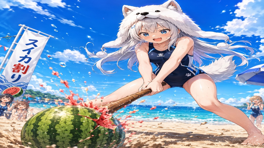 ミニサモエドガールと真夏のスイカ割り 壁紙&イラストセット【おまけ付き】