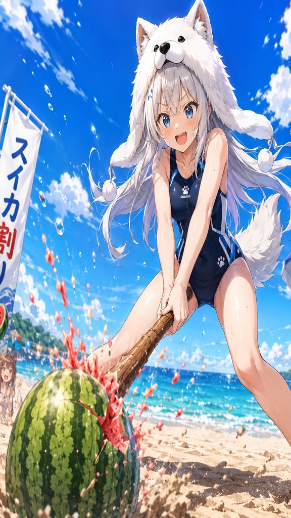 ミニサモエドガールと真夏のスイカ割り 壁紙&イラストセット【おまけ付き】