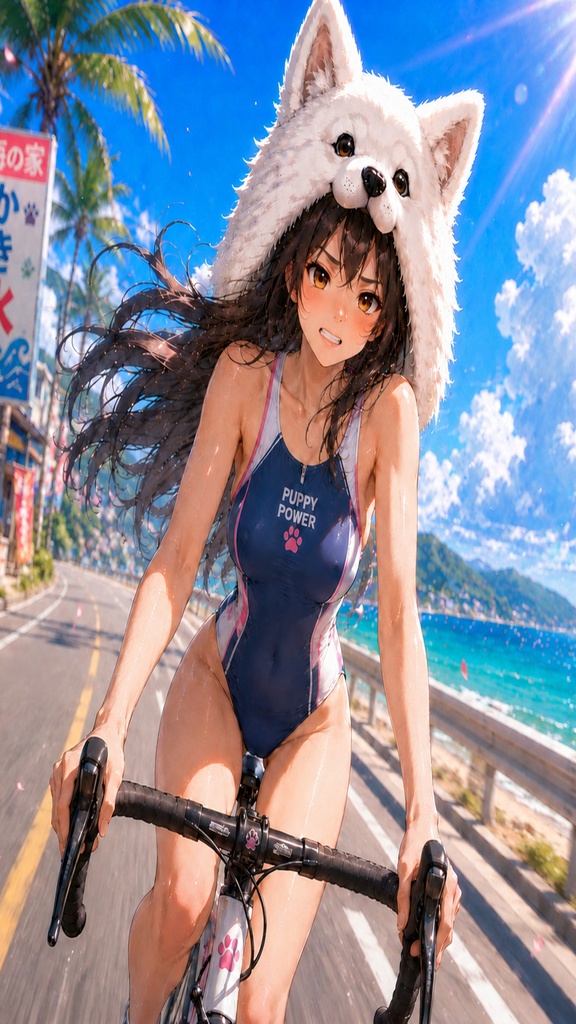サモエドガールと海辺のサイクリング 壁紙&イラストセット【おまけ付き】