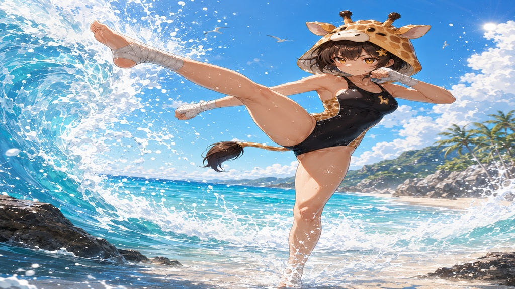 空手家キリンちゃん 海での修行 壁紙&イラストセット
