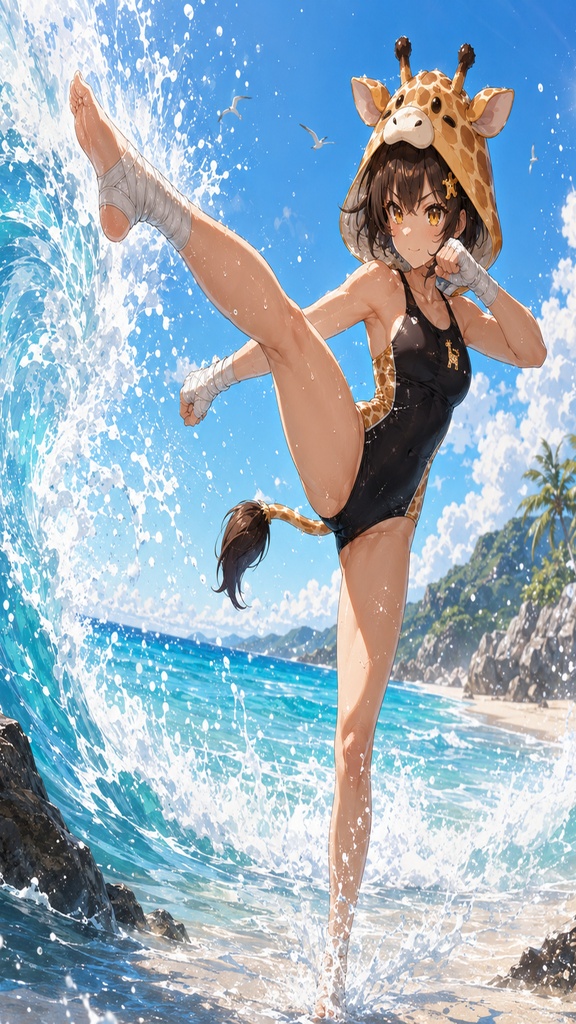 空手家キリンちゃん 海での修行 壁紙&イラストセット