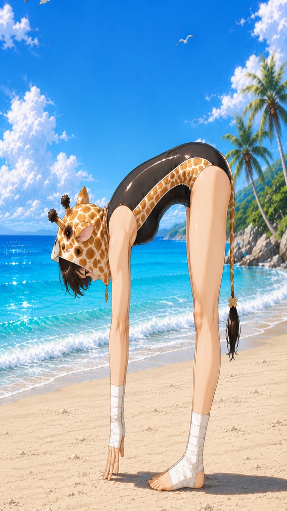 空手家キリンちゃん 海辺のストレッチ 壁紙&イラストセット