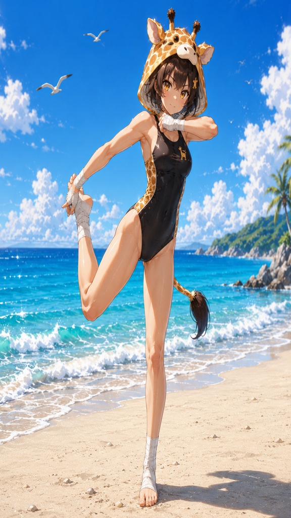 空手家キリンちゃん 海辺のストレッチ 壁紙&イラストセット