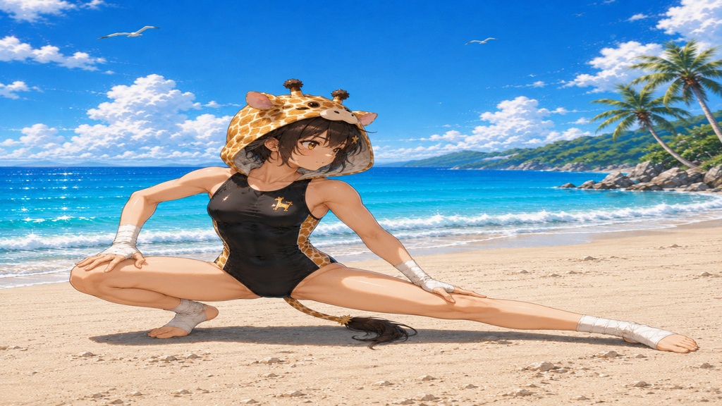 空手家キリンちゃん 海辺のストレッチ 壁紙&イラストセット