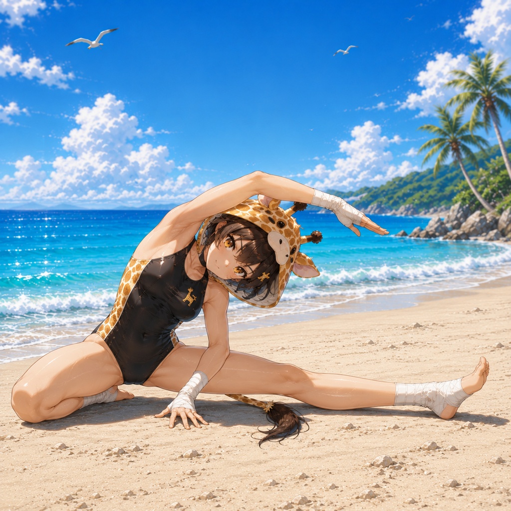 空手家キリンちゃん 海辺のストレッチ 壁紙&イラストセット