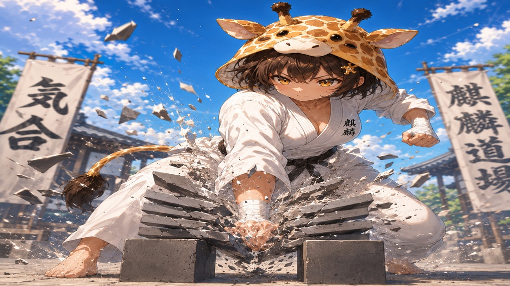 空手家キリンちゃん 気合の瓦割り 壁紙&イラストセット【おまけ付き】
