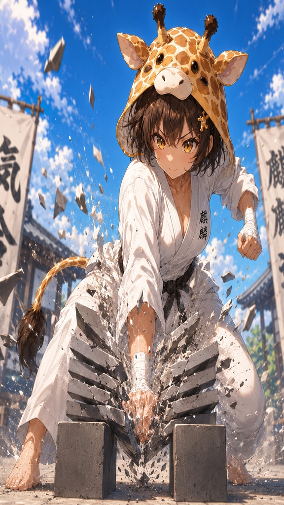 空手家キリンちゃん 気合の瓦割り 壁紙&イラストセット【おまけ付き】