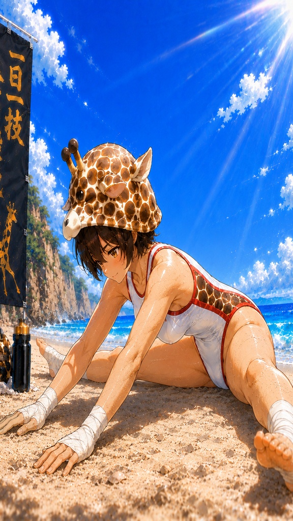空手家キリンちゃん 海辺の逆立ち&ストレッチ 壁紙&イラストセット