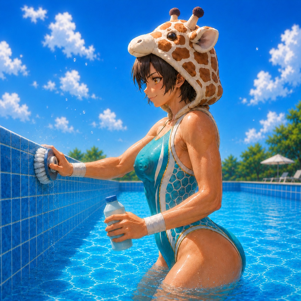 キリンちゃん 競泳水着でプール清掃 壁紙セット【GIF付き】