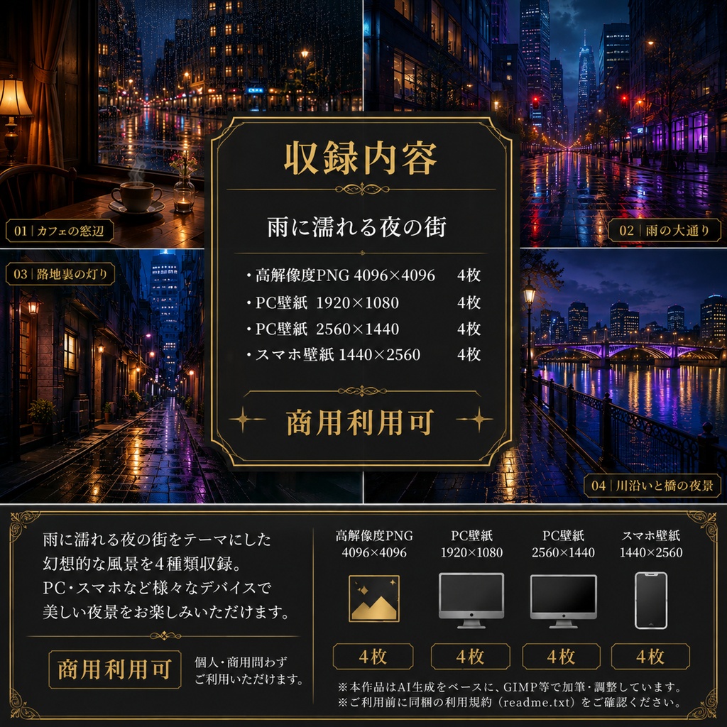 雨に濡れる夜の街 背景素材＆壁紙セット