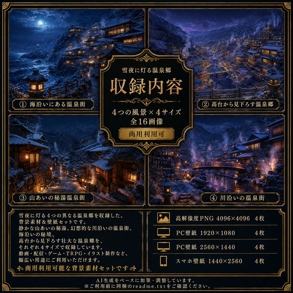 雪夜に灯る温泉郷 背景素材＆壁紙セット