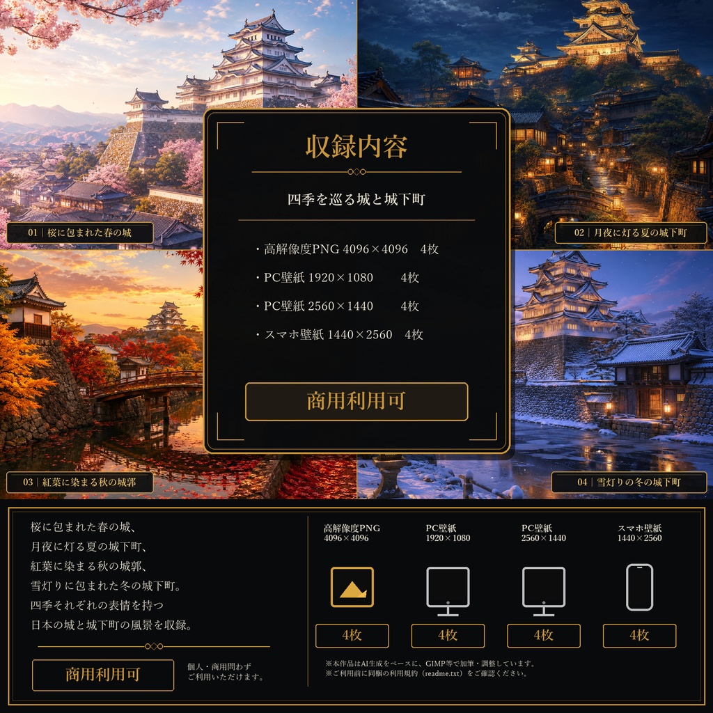 四季を巡る城と城下町 背景素材＆壁紙セット