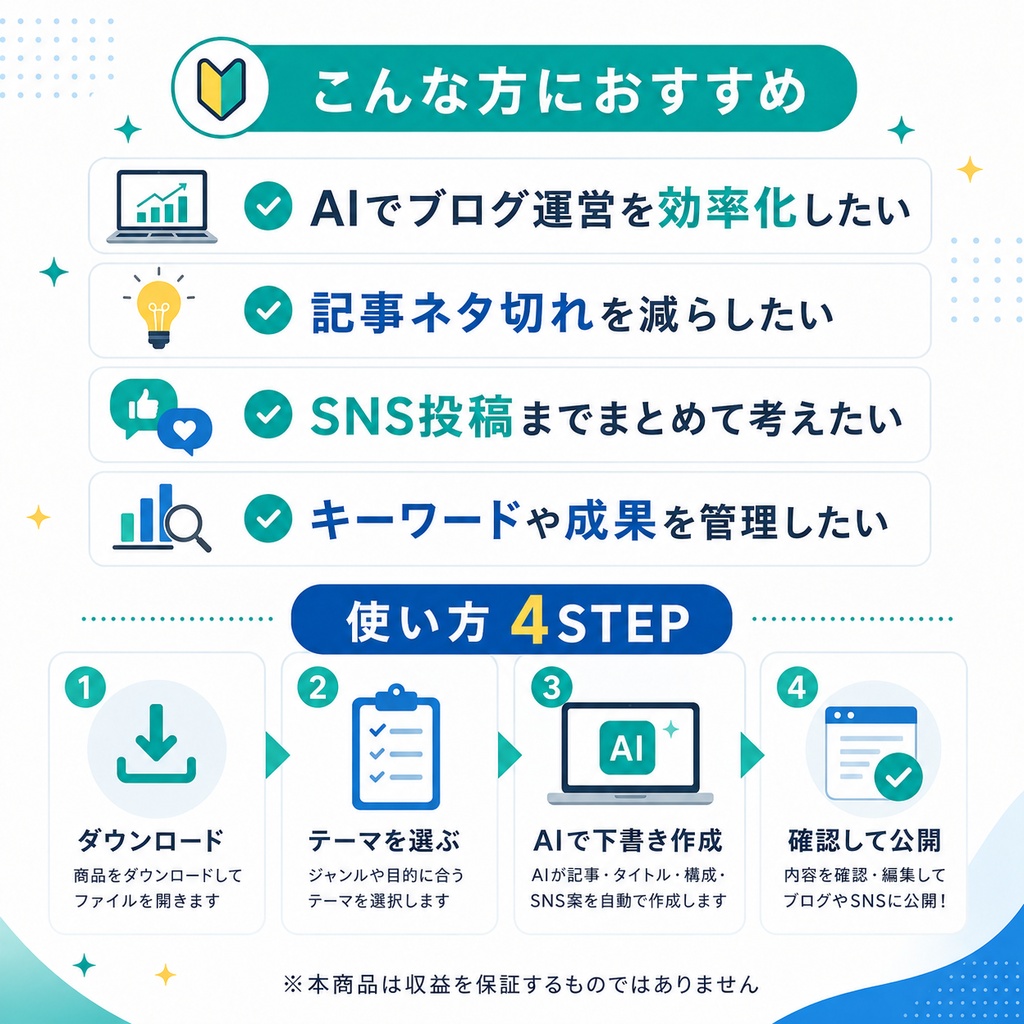 AIブログ収益化スターターパック|記事作成・SEO構成・SNS再利用・30日ネタ・管理Excel付き